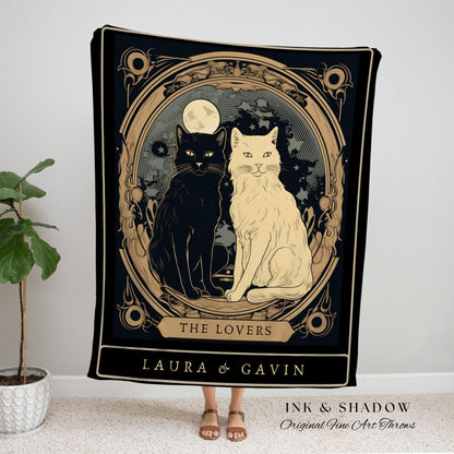 The Lovers Tarot Cat Blanket | Cat Couple Tarot Tapestry Personalized Anniversary Gift | Celestial Art Nouveau Tarot Card Custom Couples Art
