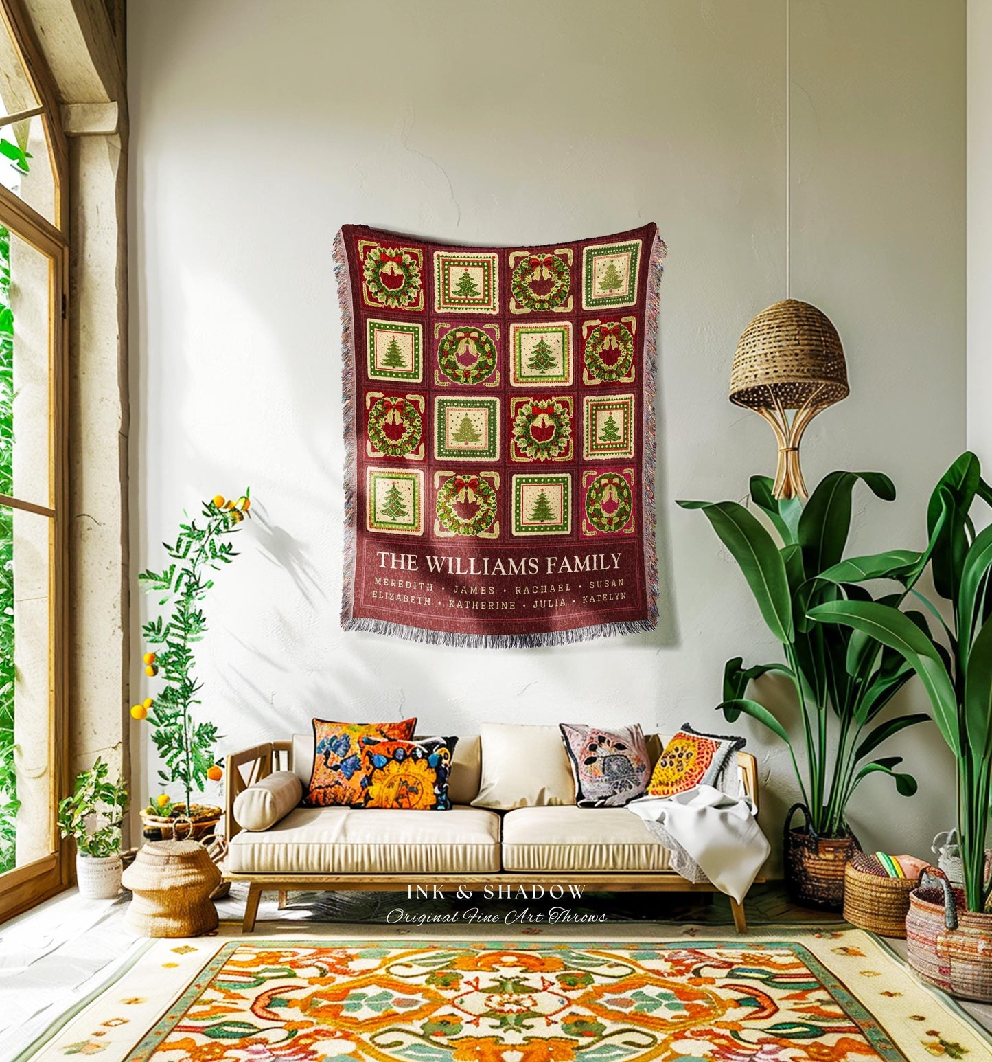 Heritage Family Tree Christmas Wreath Custom Tapestry Throw Vintage Nostalgic Festive Folk Art Blanket Personalized Names Grandparents Gift