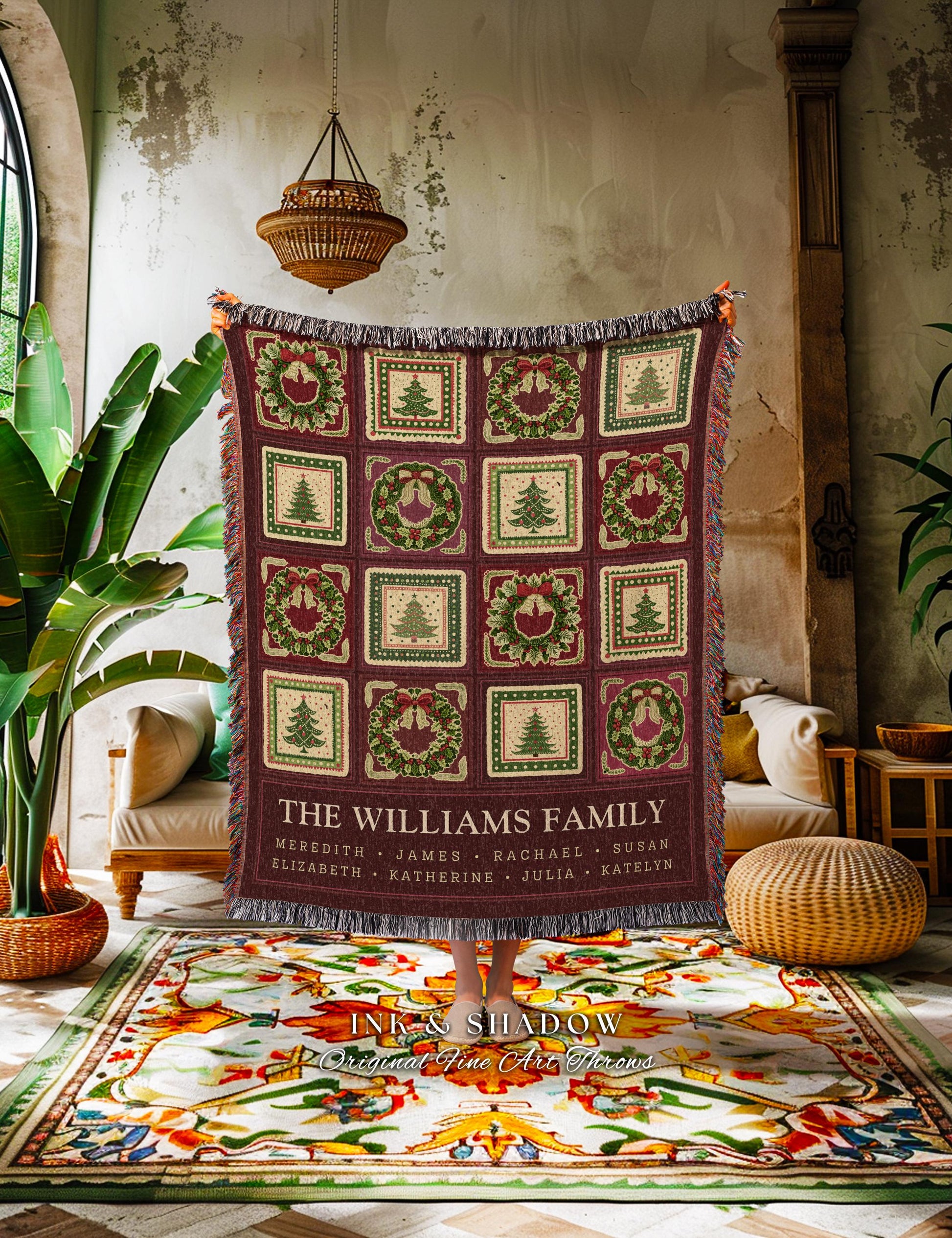 Heritage Family Tree Christmas Wreath Custom Tapestry Throw Vintage Nostalgic Festive Folk Art Blanket Personalized Names Grandparents Gift