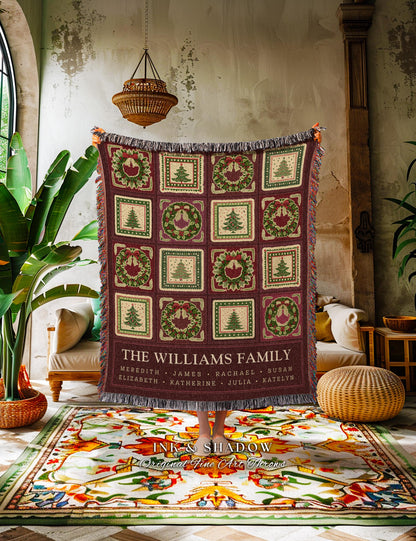Heritage Family Tree Christmas Wreath Custom Tapestry Throw Vintage Nostalgic Festive Folk Art Blanket Personalized Names Grandparents Gift