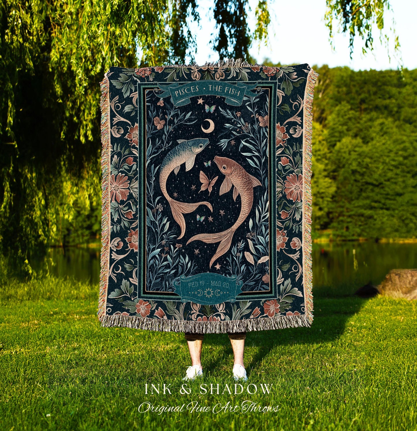 Moonlit Pisces Zodiac Tapestry Blanket Dreamy Celestial Art Nouveau Style | The Fish Star Sign Whimsical Botanical Water Birthday Month Gift