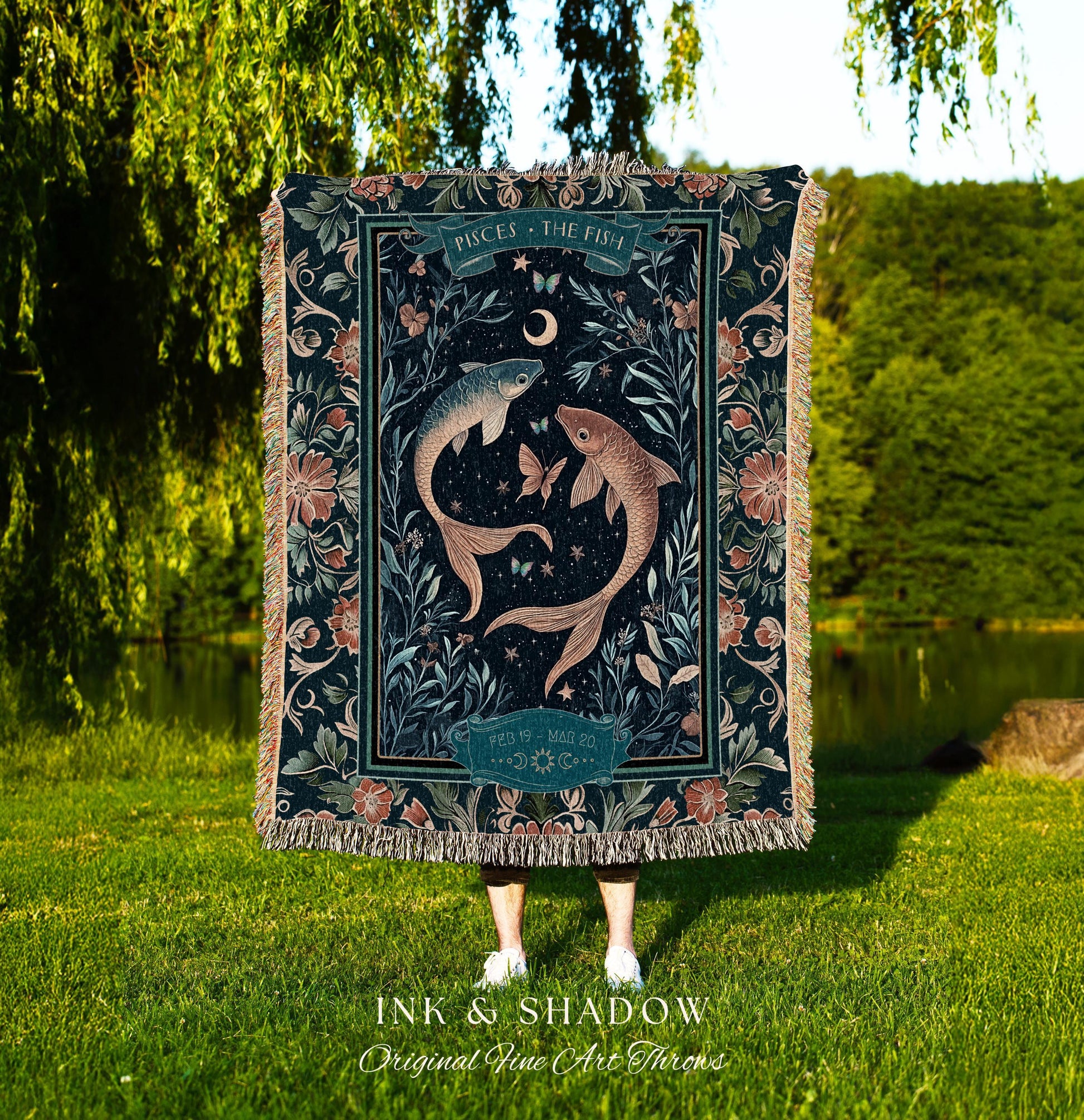 Moonlit Pisces Zodiac Tapestry Blanket Dreamy Celestial Art Nouveau Style | The Fish Star Sign Whimsical Botanical Water Birthday Month Gift