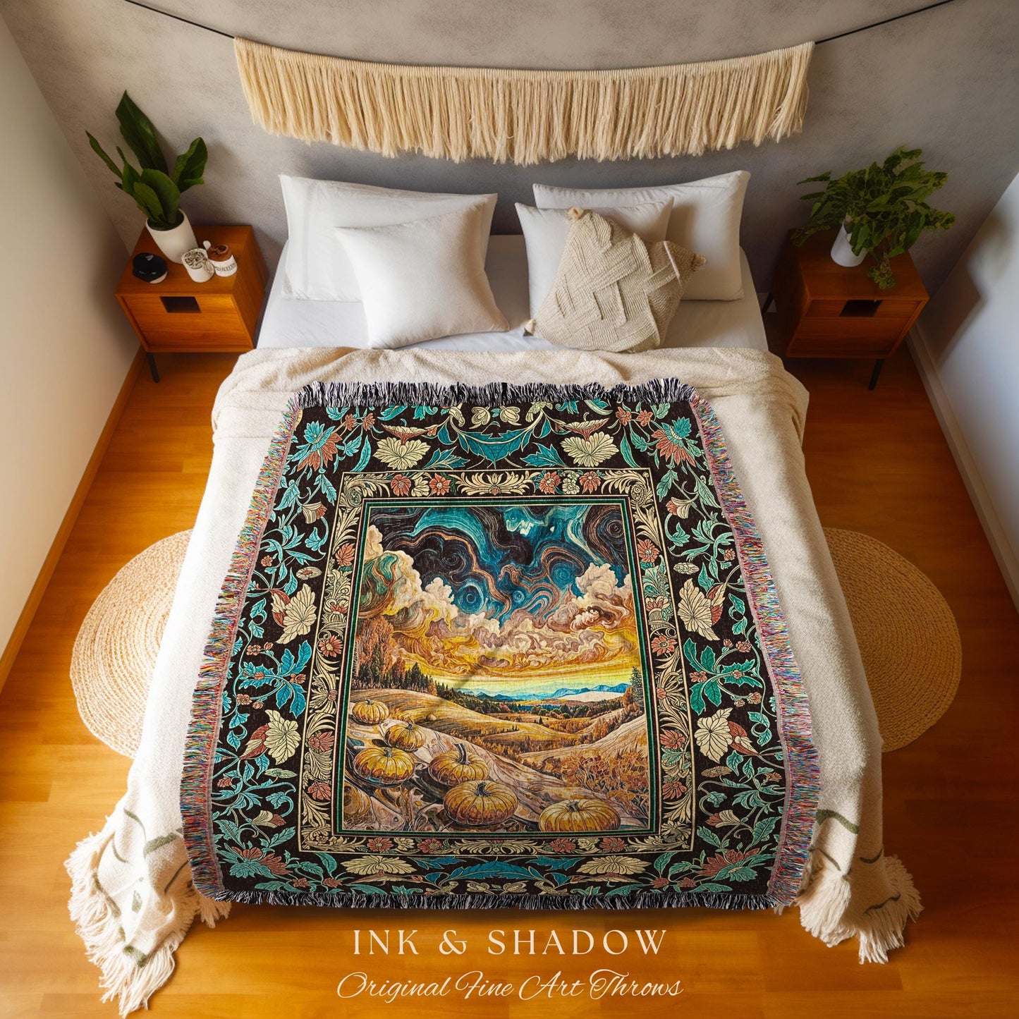 Whimsical Fall Pumpkin Night Sky Throw Blanket | Rustic Halloween Woven Tapestry Whimsigothic Autumn Decor Gothiccore Light Academia Vibes |