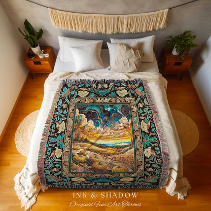 Whimsical Fall Pumpkin Night Sky Throw Blanket | Rustic Halloween Woven Tapestry Whimsigothic Autumn Decor Gothiccore Light Academia Vibes |
