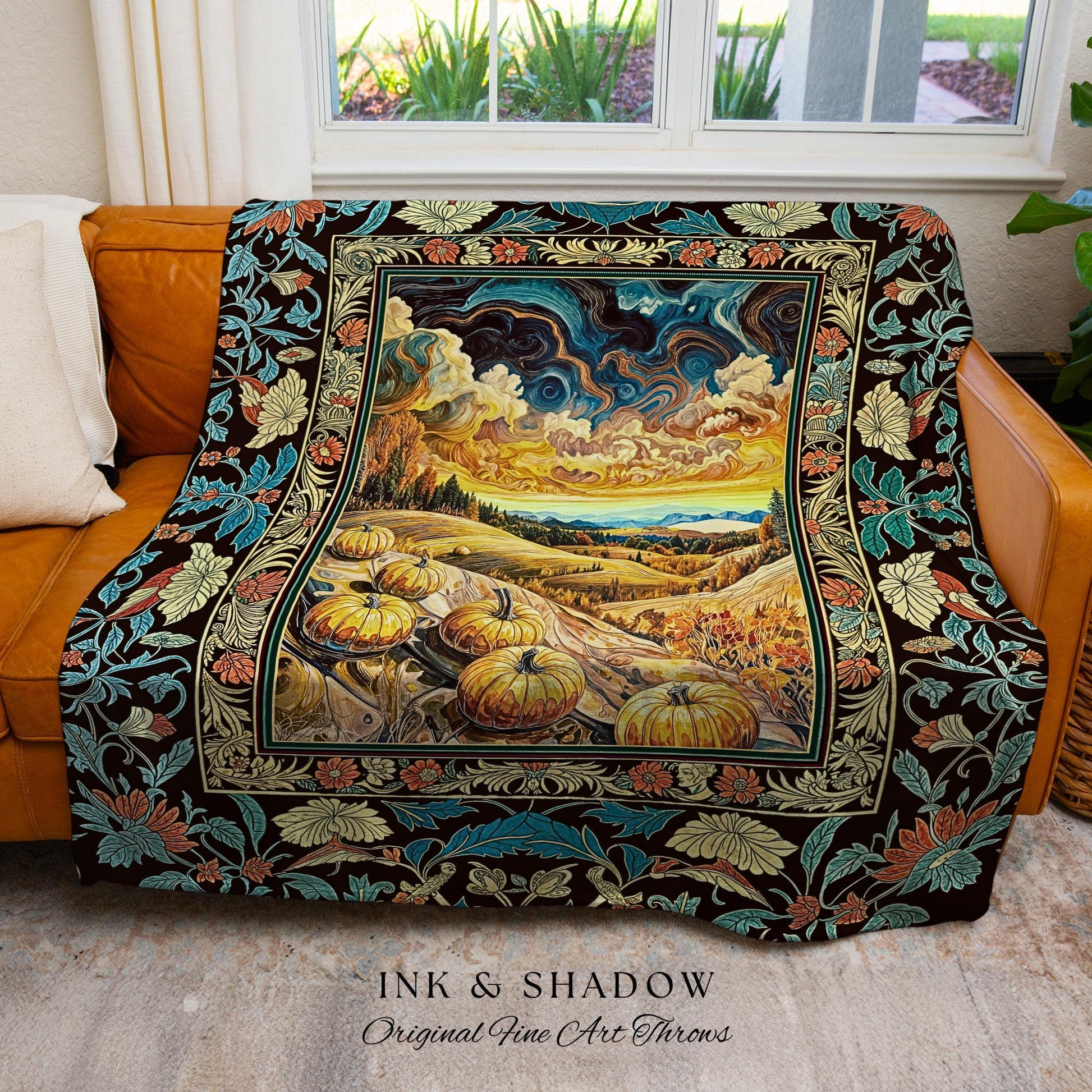 Whimsical Fall Pumpkin Night Sky Throw Blanket | Rustic Halloween Woven Tapestry Whimsigothic Autumn Decor Gothiccore Light Academia Vibes |