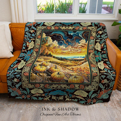 Whimsical Fall Pumpkin Night Sky Throw Blanket | Rustic Halloween Woven Tapestry Whimsigothic Autumn Decor Gothiccore Light Academia Vibes |