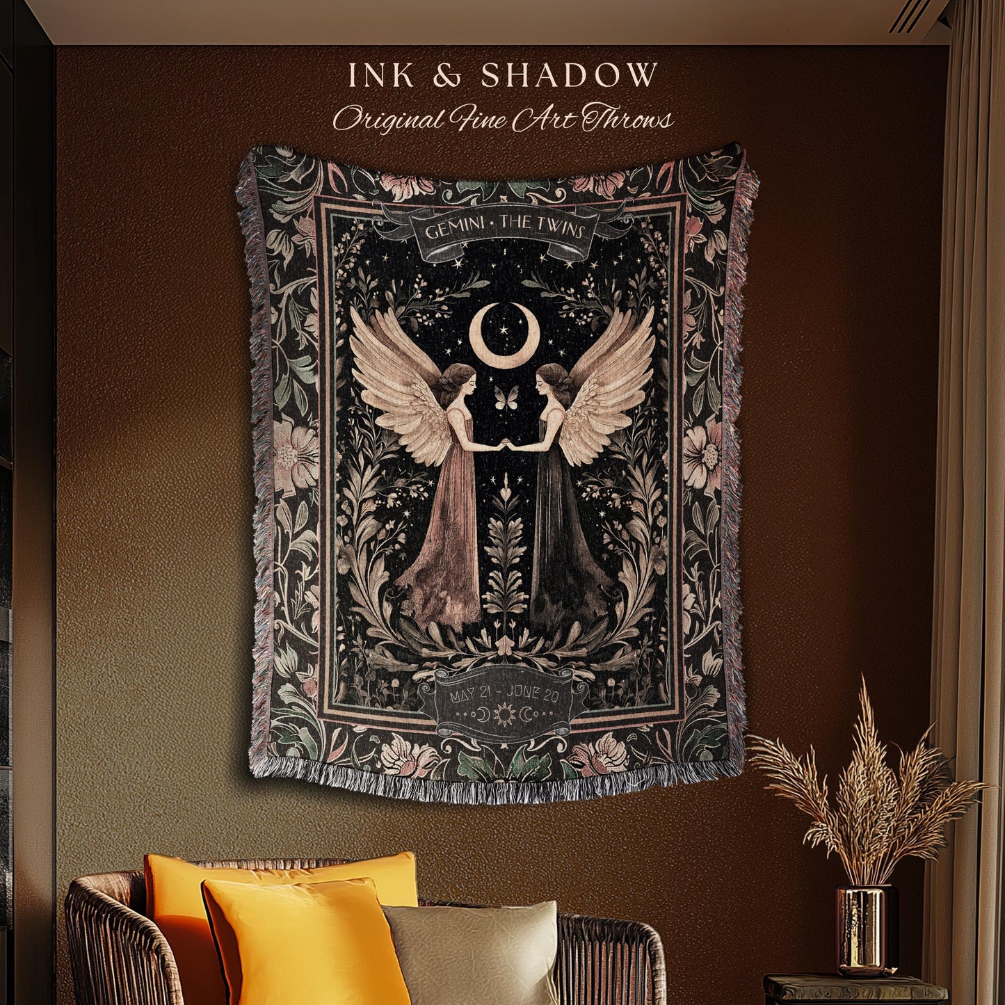 Folklore Inspired Gemini Astrology Blanket Rustic Fairycore Zodiac Tapestry | The Twins Celestial Star Sign Birthday Gift Constellation Art