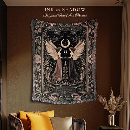 Folklore Inspired Gemini Astrology Blanket Rustic Fairycore Zodiac Tapestry | The Twins Celestial Star Sign Birthday Gift Constellation Art