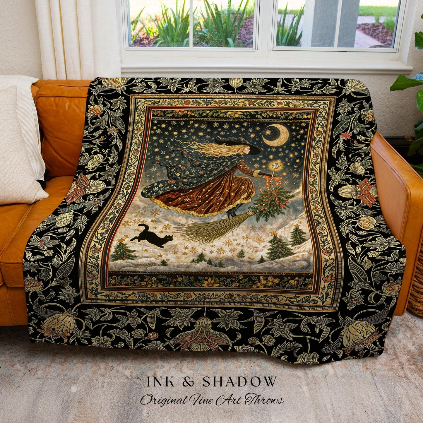 Winter Folklore Witch Tapestry Blanket | Enchanted Cottagecore Decor Mystic Aesthetic Black Cat Gothic Elegance Celestial Storybook Throw |
