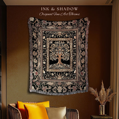 Regal Golden Tree of Life Wall Tapestry | Gilt Border Ornate Medieval Design Folklore Style Woodland Decor Maximalist Throw Blanket Nordic |