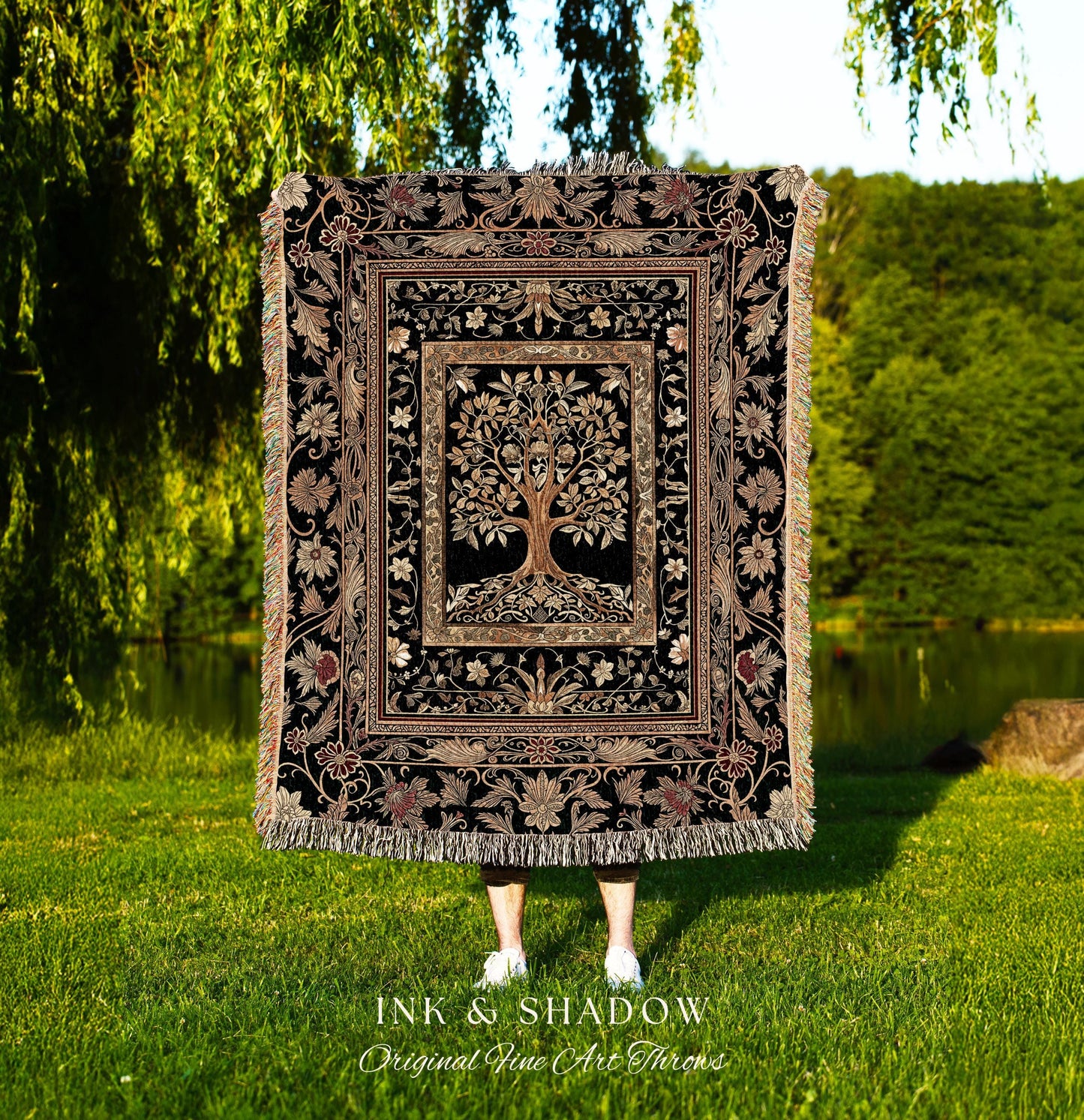 Regal Golden Tree of Life Wall Tapestry | Gilt Border Ornate Medieval Design Folklore Style Woodland Decor Maximalist Throw Blanket Nordic |