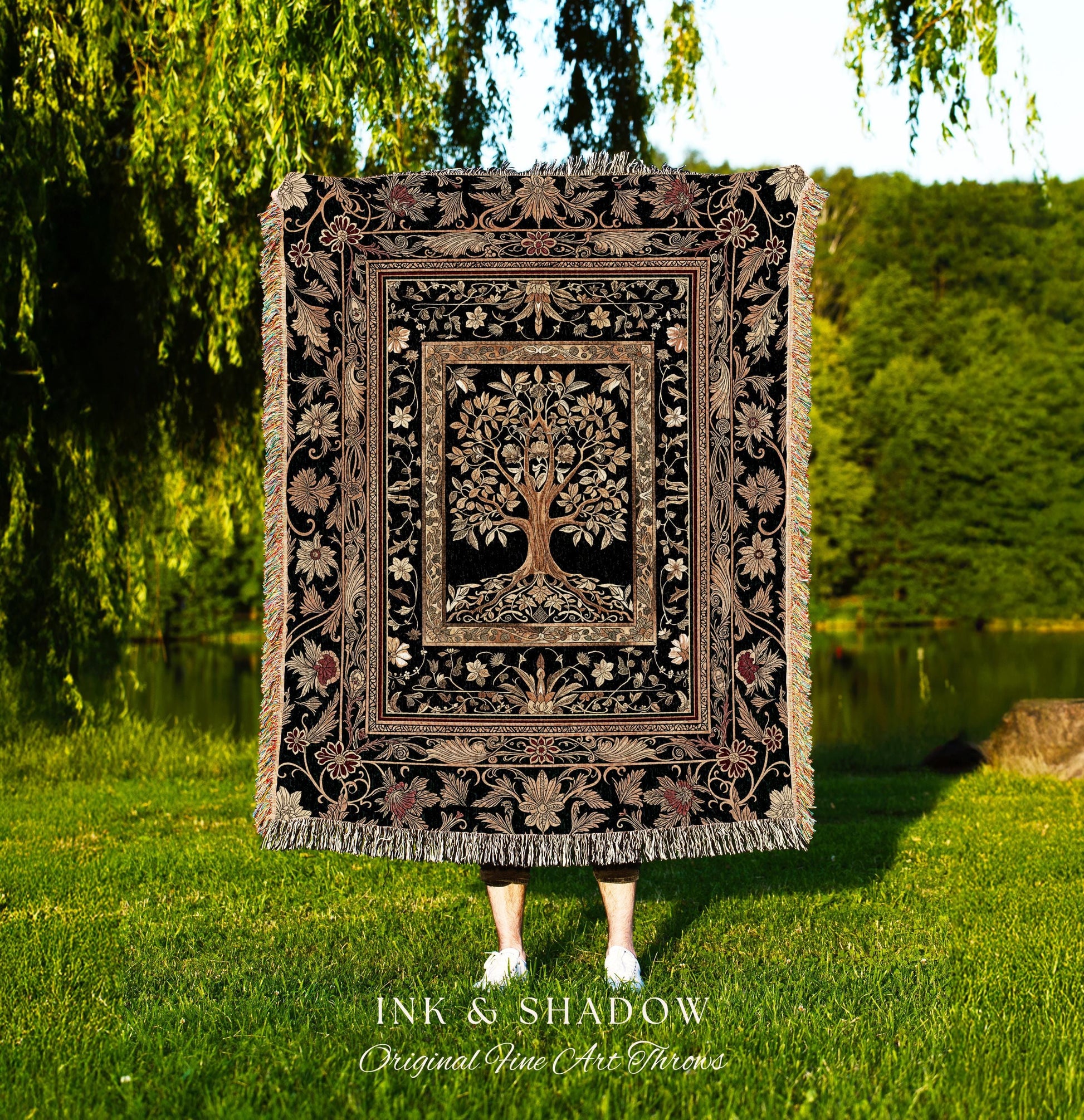 Regal Golden Tree of Life Wall Tapestry | Gilt Border Ornate Medieval Design Folklore Style Woodland Decor Maximalist Throw Blanket Nordic |