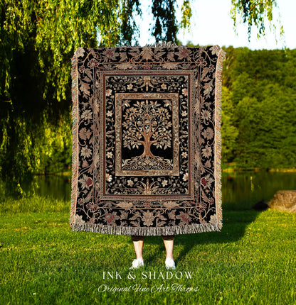 Regal Golden Tree of Life Wall Tapestry | Gilt Border Ornate Medieval Design Folklore Style Woodland Decor Maximalist Throw Blanket Nordic |
