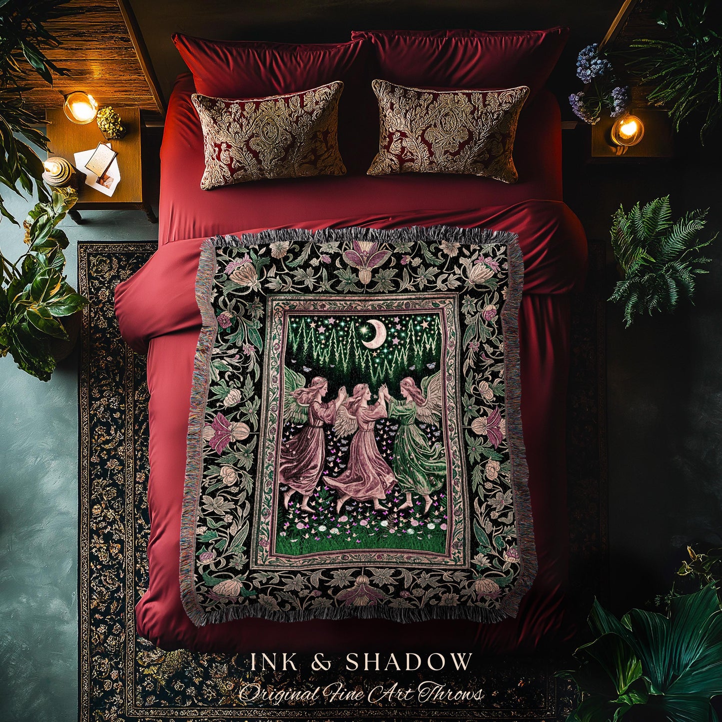 Moonlit Forest Nymph Woven Tapestry Throw Blanket | Medieval Elegance Woodland Fairycore Dark Academia Midsummer Celestial Folklore Wall Art
