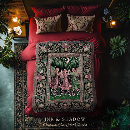 Moonlit Forest Nymph Woven Tapestry Throw Blanket | Medieval Elegance Woodland Fairycore Dark Academia Midsummer Celestial Folklore Wall Art