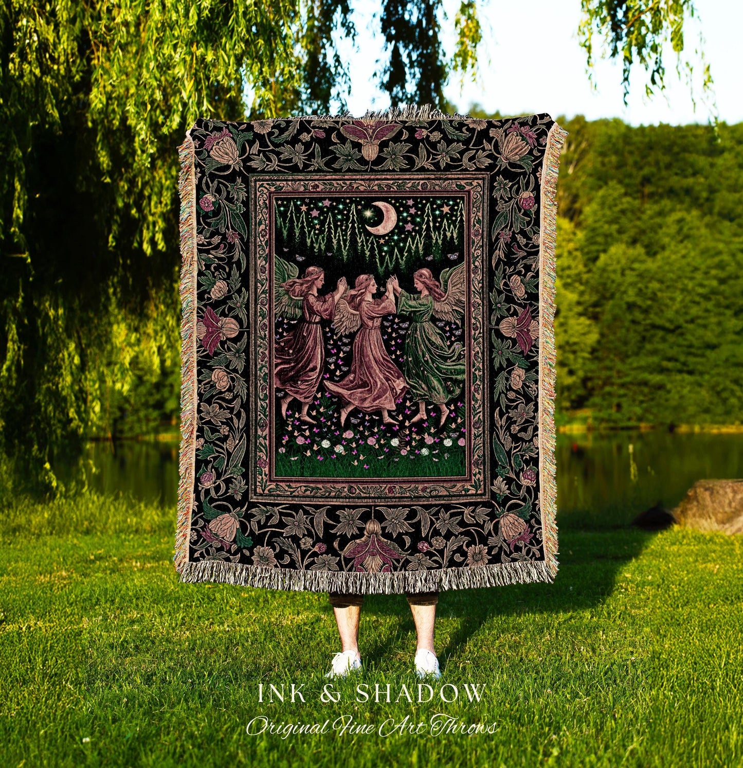 Moonlit Forest Nymph Woven Tapestry | Medieval Elegance Woodland Fairycore Dark Academia Throw Blanket Midsummer Aesthetic Scandi Folklore |