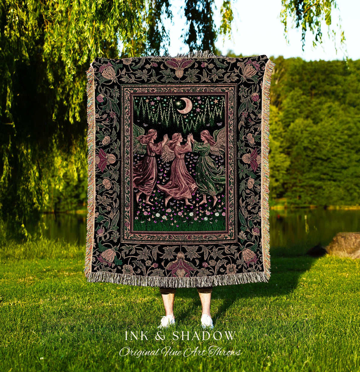 Moonlit Forest Nymph Woven Tapestry Throw Blanket | Medieval Elegance Woodland Fairycore Dark Academia Midsummer Celestial Folklore Wall Art