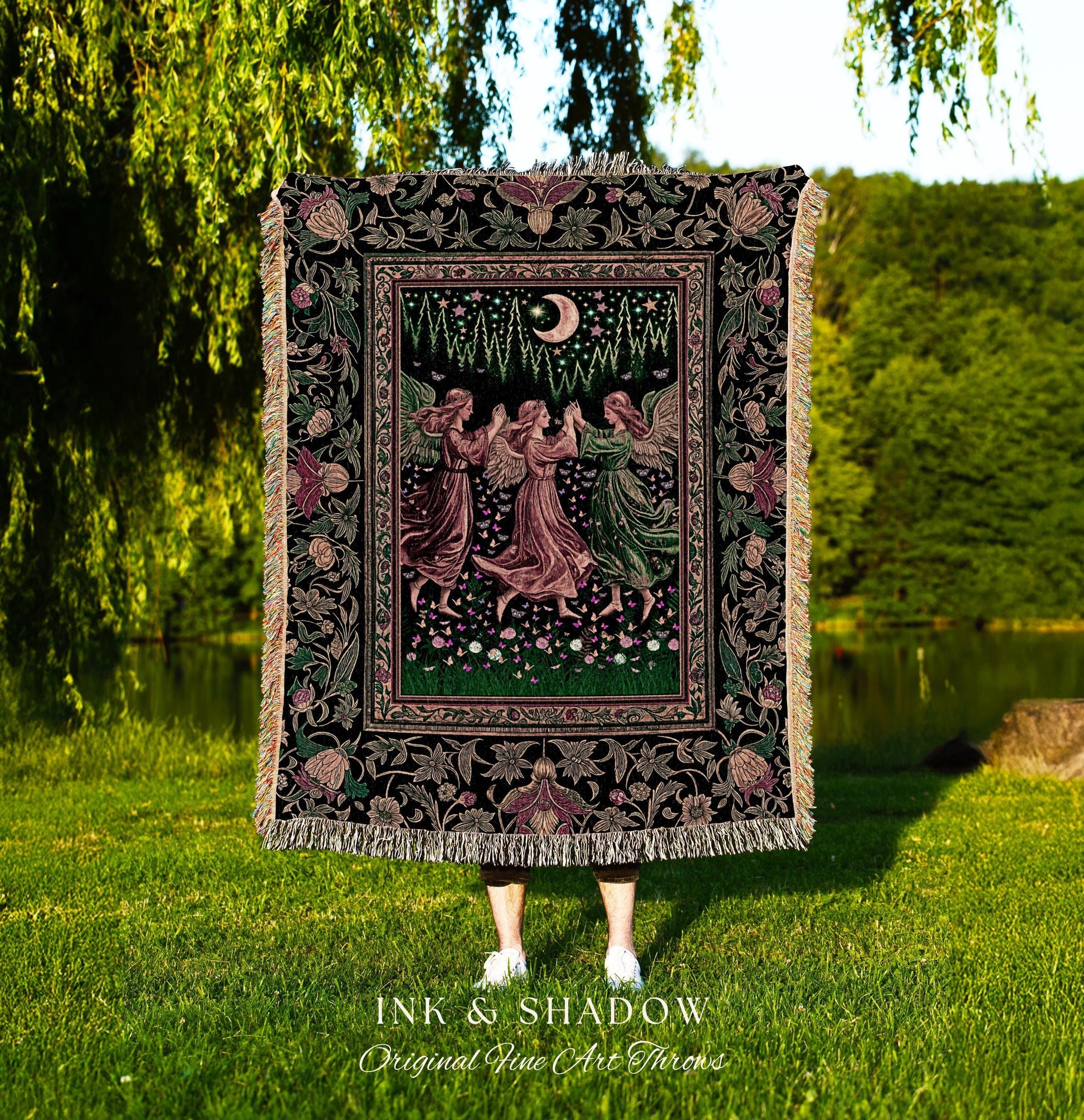 Moonlit Forest Nymph Woven Tapestry Throw Blanket | Medieval Elegance Woodland Fairycore Dark Academia Midsummer Celestial Folklore Wall Art