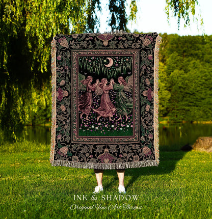 Moonlit Forest Nymph Woven Tapestry Throw Blanket | Medieval Elegance Woodland Fairycore Dark Academia Midsummer Celestial Folklore Wall Art