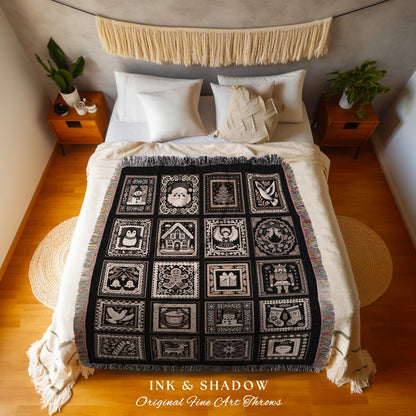 Victorian Noir Winter Holiday Decor Dark Academia Christmas Checker Tapestry Blanket | Antique Gothic Art Cottagecore Chocolate Brown Throw
