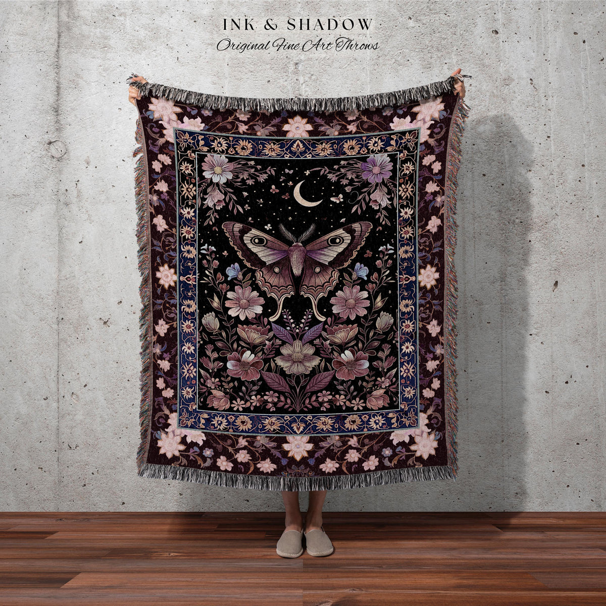 Purple Moth Celestial Blanket Boho Fairycore Dark Floral Decor | Enchanted Goth Cottagecore Butterfly Lovers Moth Moon Tapestry Whimsical