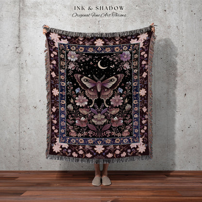 Purple Moth Celestial Blanket Boho Fairycore Dark Floral Decor | Enchanted Goth Cottagecore Butterfly Lovers Moth Moon Tapestry Whimsical