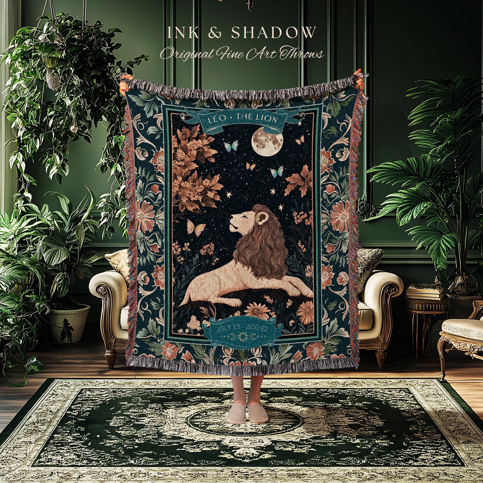 Moonlit Leo Star Sign Throw Dreamy Woodland Whimsy Celestial Art Nouveau Zodiac Tapestry Blanket | Mythical Lion Astrology Birth Month Gift