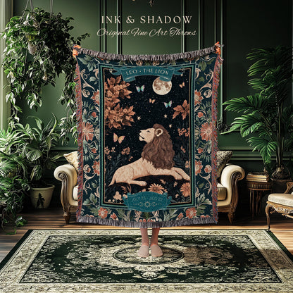 Moonlit Leo Star Sign Throw Dreamy Woodland Whimsy Celestial Art Nouveau Zodiac Tapestry Blanket | Mythical Lion Astrology Birth Month Gift