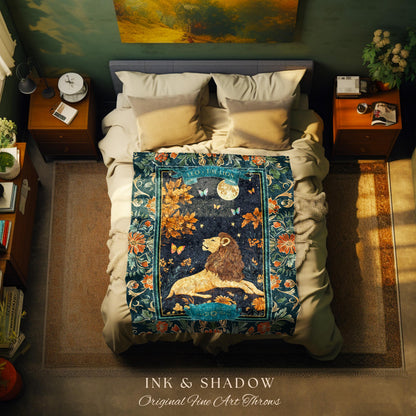 Moonlit Leo Star Sign Throw Dreamy Woodland Whimsy Celestial Art Nouveau Zodiac Tapestry Blanket | Mythical Lion Astrology Birth Month Gift