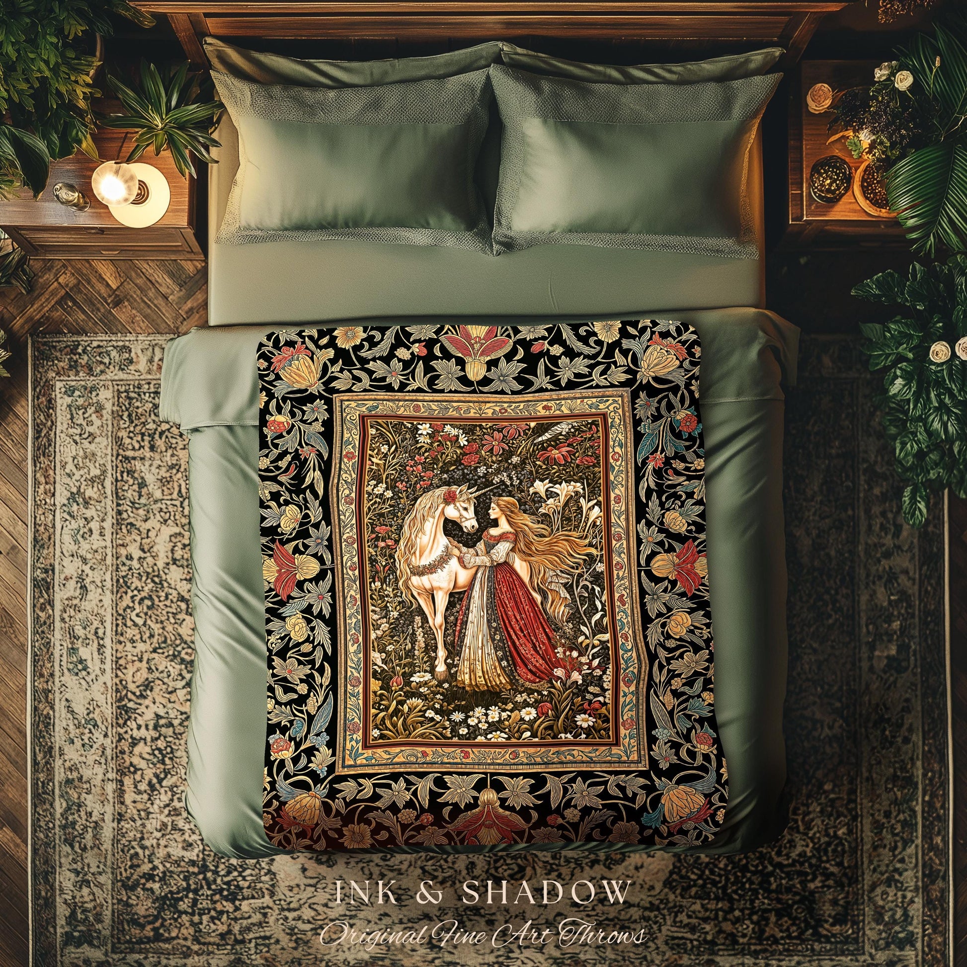 Enchanted Garden Princess Blanket | Mystical Cottagecore Royalcore Woven Tapestry Antique Fairytale Bedroom Soft Romantic Folklore Style |