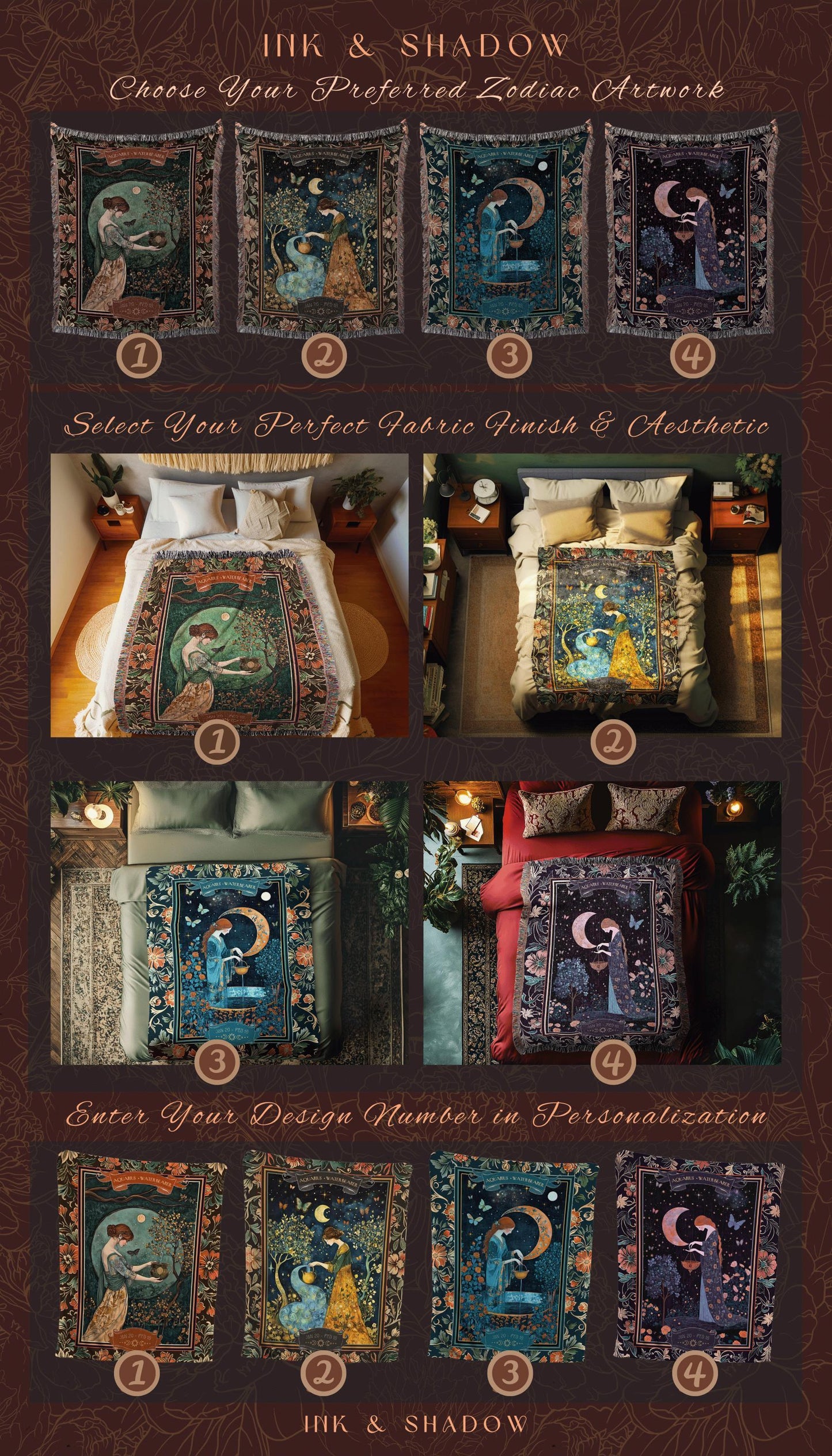 Victorian Nouveau Celestial Fairycore Aquarius Zodiac Tapestry Throw | The Water Bearer Star Sign Moonlit Astrology Art Birth Month Blanket