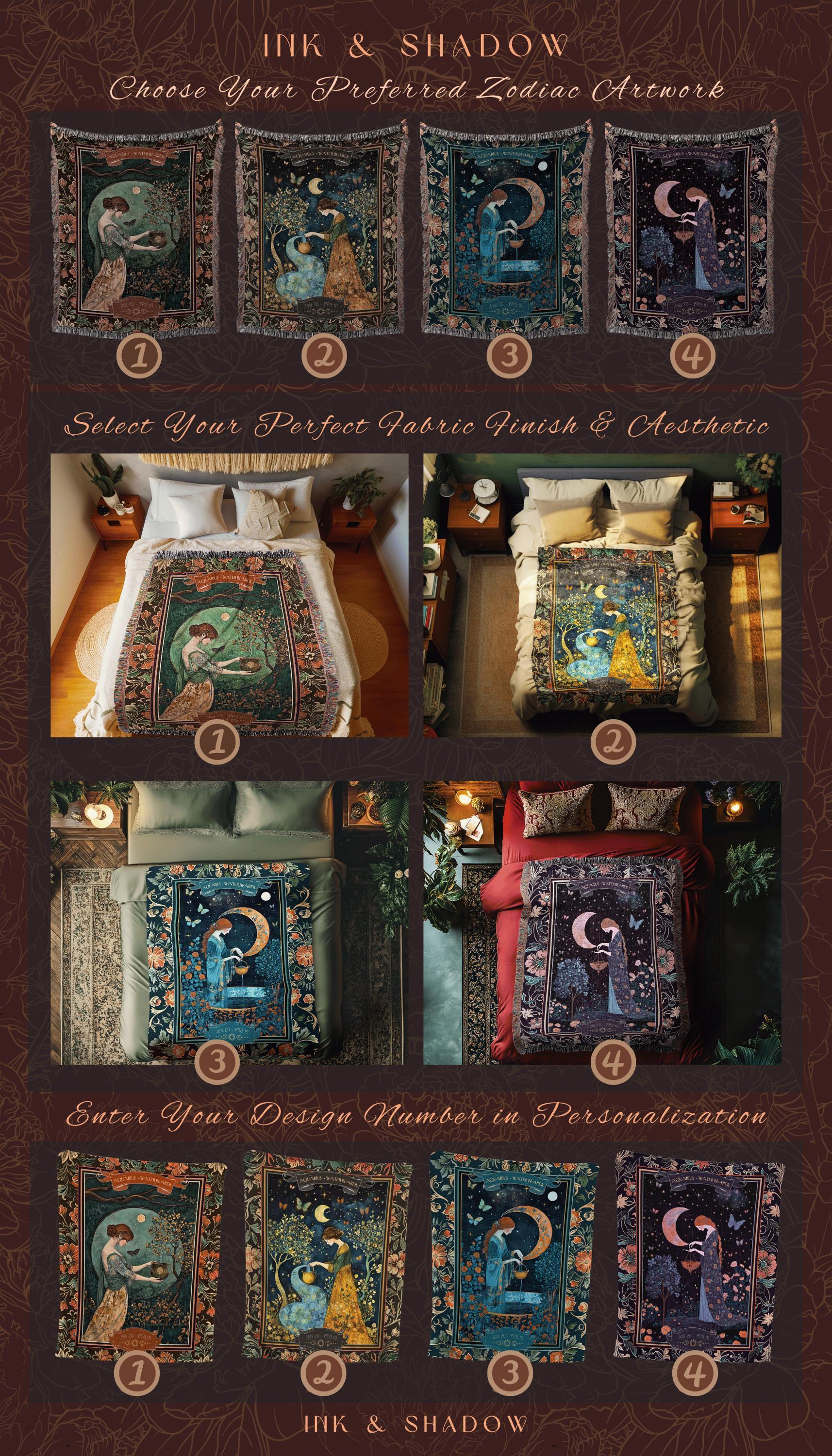 Victorian Nouveau Celestial Fairycore Aquarius Zodiac Tapestry Throw | The Water Bearer Star Sign Moonlit Astrology Art Birth Month Blanket