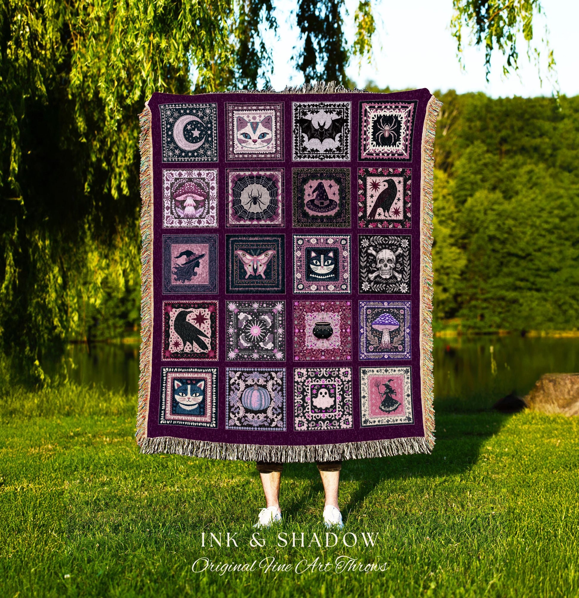 Autumnal Whimsy Purple Throw Blanket | Cozy Gothic Witchcore Decor Dark Academia Accent Halloween Tapestry Gift for Cute Bedroom Style Retro