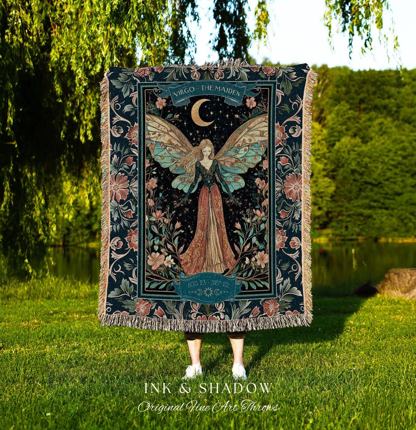 Dreamy Celestial Garden Virgo Tapestry Throw Zodiac Sign Floral Fairycore Blanket | Whimsical Astrology Art The Maiden Fantasy Birthday Gift