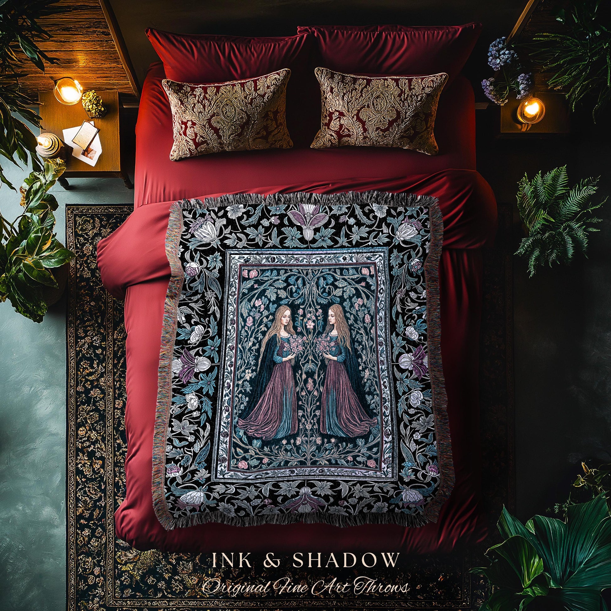 Witchy Sisters Arcane Forest Blanket | Celestial Witchcraft Baroque Folklore Woven Wall Tapestry Fairytale Gothic Storybook Aesthetic Throw