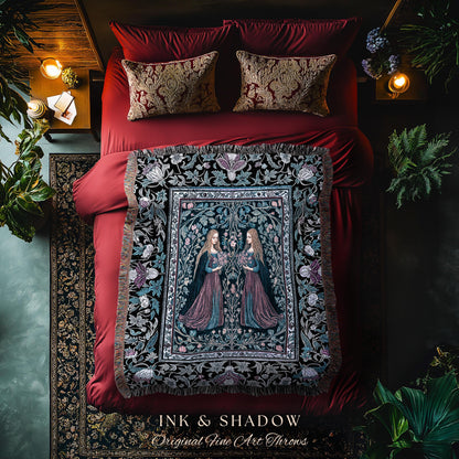 Witchy Sisters Arcane Forest Blanket | Celestial Witchcraft Baroque Folklore Woven Wall Tapestry Fairytale Gothic Storybook Aesthetic Throw