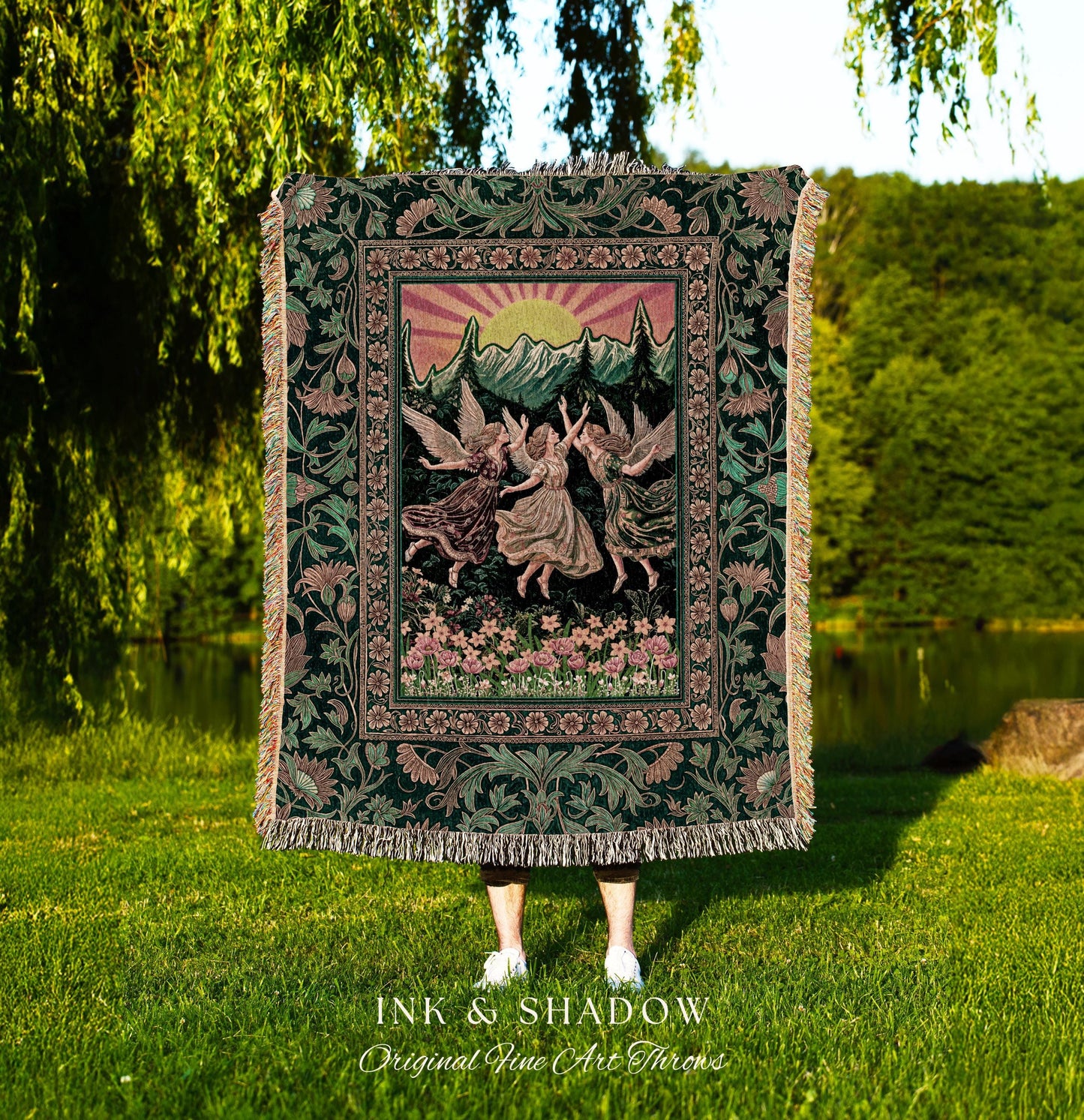 Storybook Retro Fairies Woven Tapestry | Whimsical Vintage Fairytale Enchanted Cottagecore Bedroom Dreamy Throw Blanket Medieval Mythology |