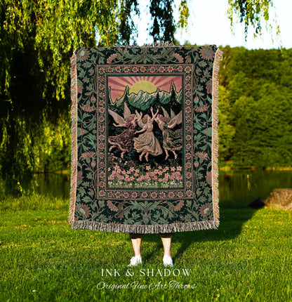 Storybook Retro Fairies Woven Tapestry | Whimsical Vintage Fairytale Enchanted Cottagecore Bedroom Dreamy Throw Blanket Medieval Mythology |