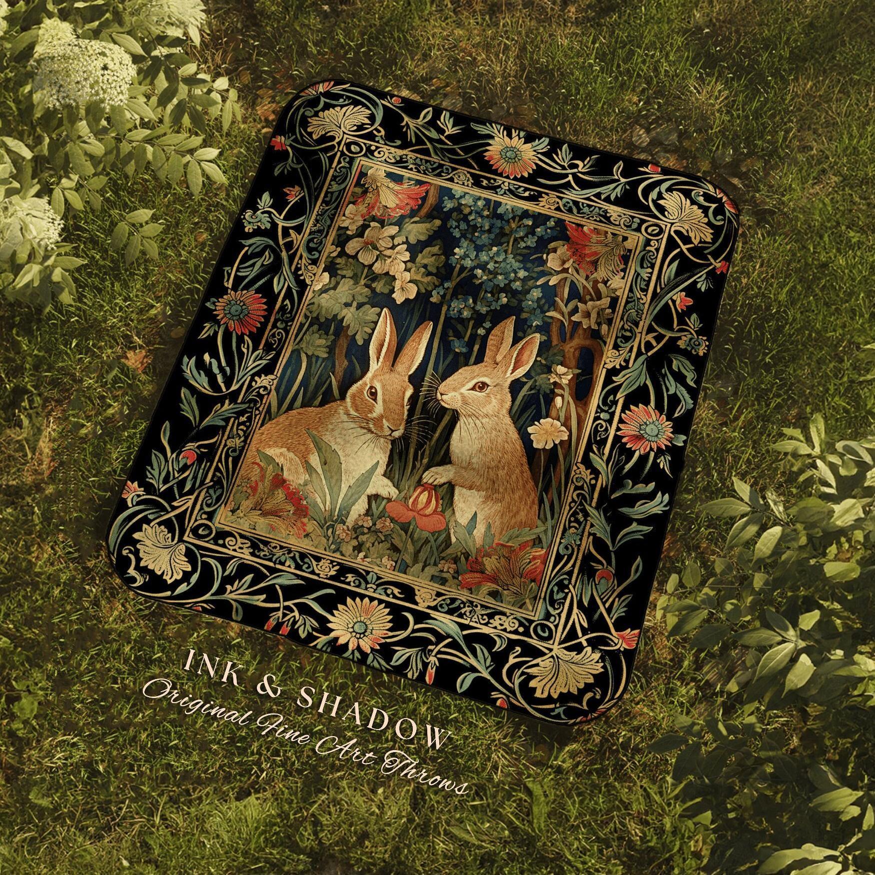 Bunnies in the Woodland Picnic Blanket | Spring Bunnies Woven Tapestry Inspired Forest Aesthetic Fairycore Bedroom Floral Bunny Victorian