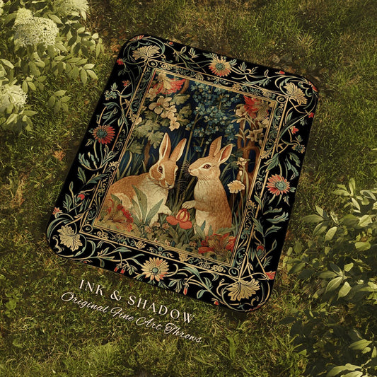 Bunnies in the Woodland Picnic Blanket | Spring Bunnies Woven Tapestry Inspired Forest Aesthetic Fairycore Bedroom Floral Bunny Victorian