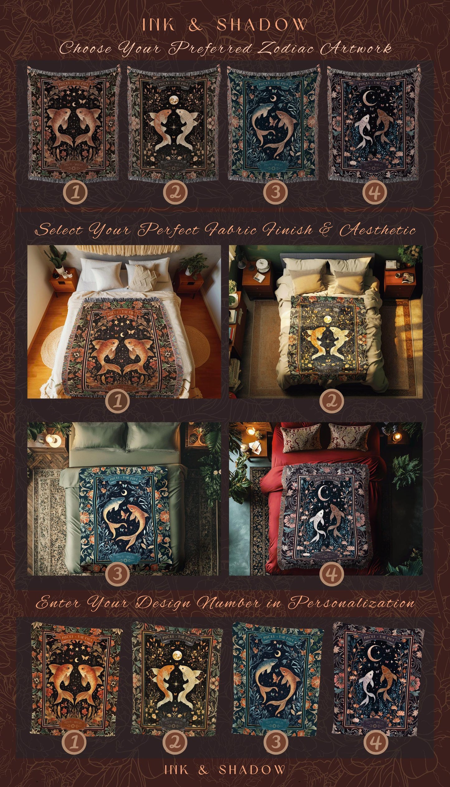 Dark Floral Celestial Pisces Zodiac Tapestry Throw Mystic Star Sign Astrology Gifts | Regal Vintage Victorian Fish Art Birth Month Blanket