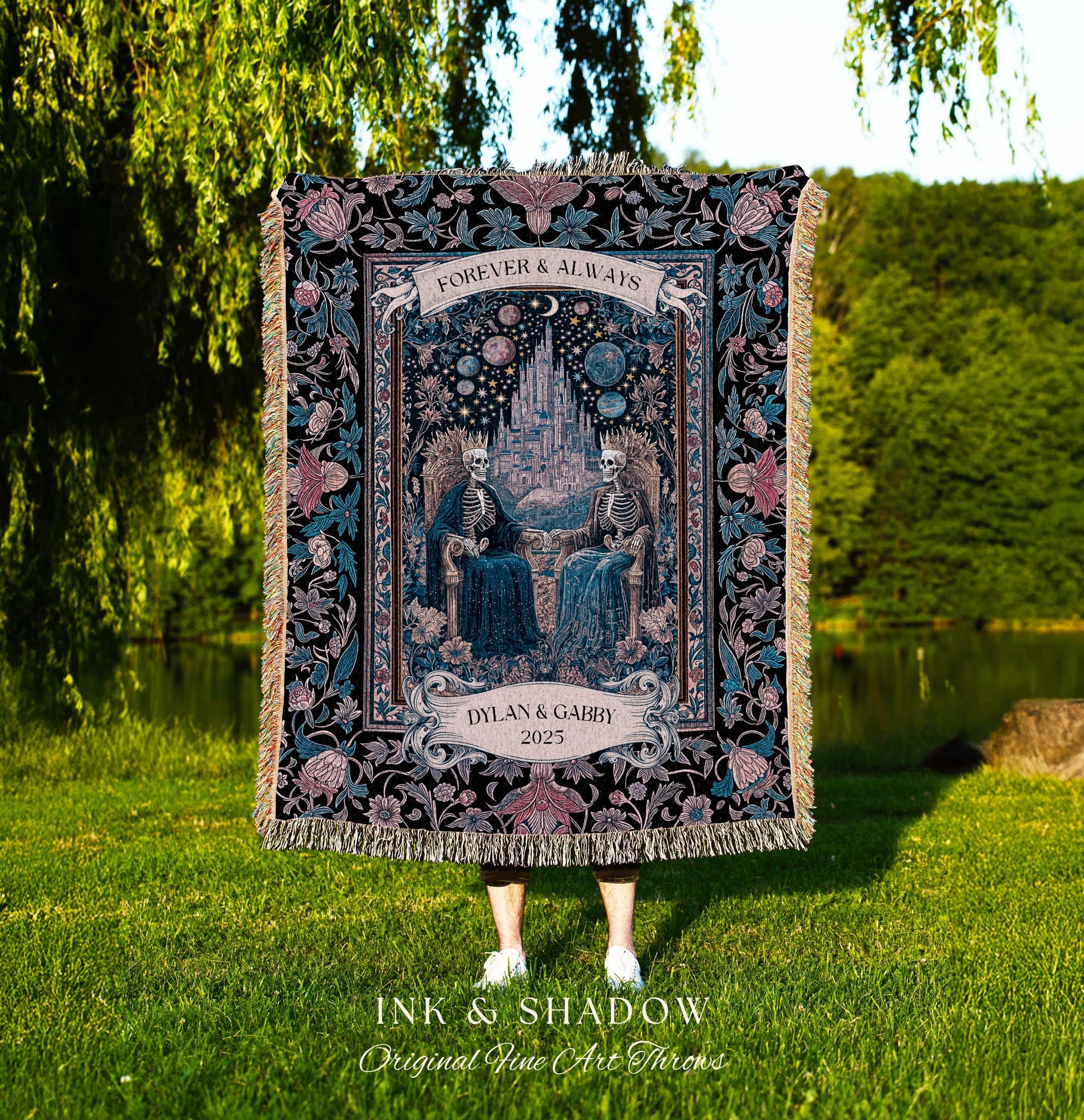 Celestial Skeleton Lovers Custom Throw | Dark Academia Castle Fantasy Whimsigothic Personalized Couple Fairytale Floral Magic Aesthetic Gift