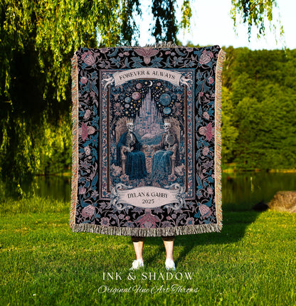 Celestial Skeleton Lovers Custom Throw | Dark Academia Castle Fantasy Whimsigothic Personalized Couple Fairytale Floral Magic Aesthetic Gift
