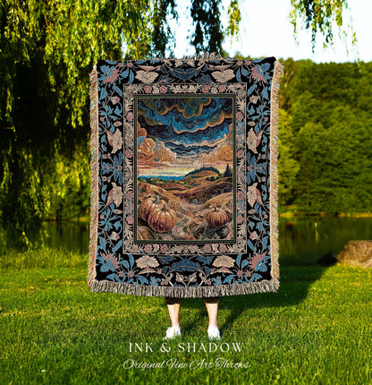 Gothic Maximalist Pumpkin Wall Tapestry | Rustic Autumn Throw Blanket Full Moon Aesthetic Whimsigoth Baroque Ornate Light Academia Accent |