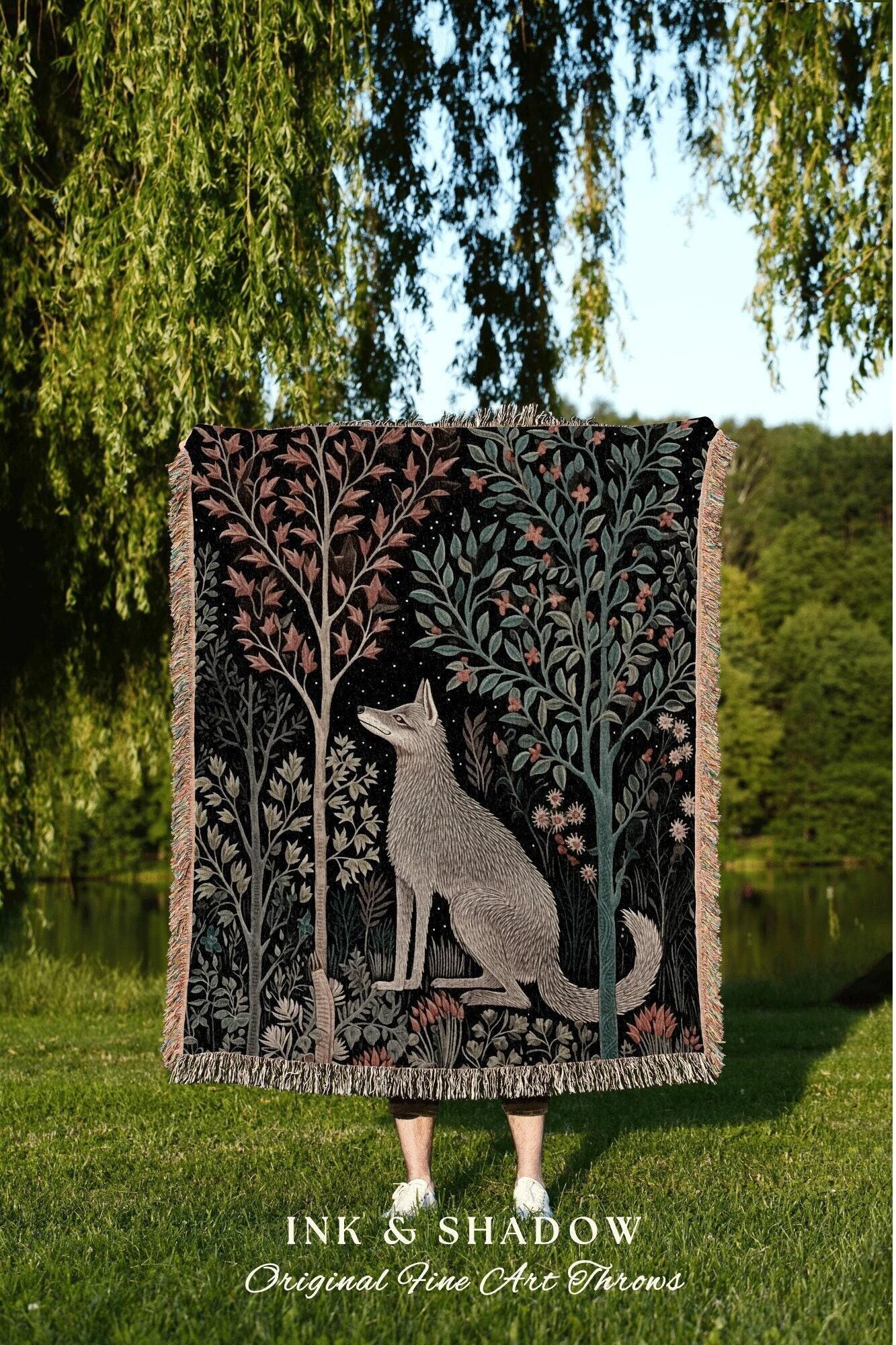 Scandinavian Wolf Blanket Woven Jacquard Cotton | Nordic Folk Art Tapestry Throw William Morris Style Woodland Gothic Dark Cottagecore Home
