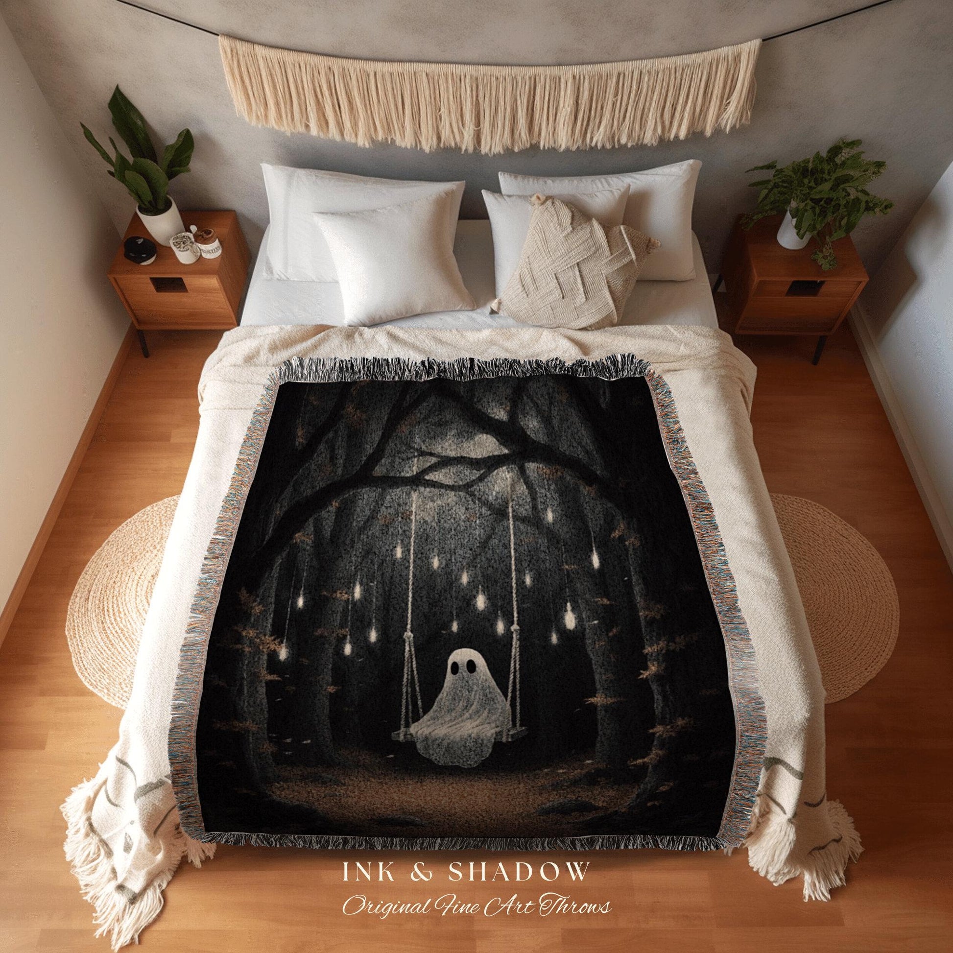 Forest Ghost Tapestry Blanket | Fall Aesthetic Vintage Ghost Art Woven Tapestry Halloween Decor Dark Academia Wall Art Ghost Blanket Woven