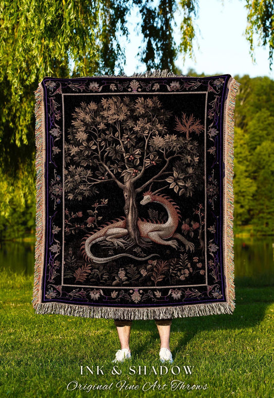 Goblincore Dragon Throw Blanket | Medieval Fairytale Inspired Nursery Decor Morris Style Cottagecore Fairycore Woven Throw Tapestry Gothic |