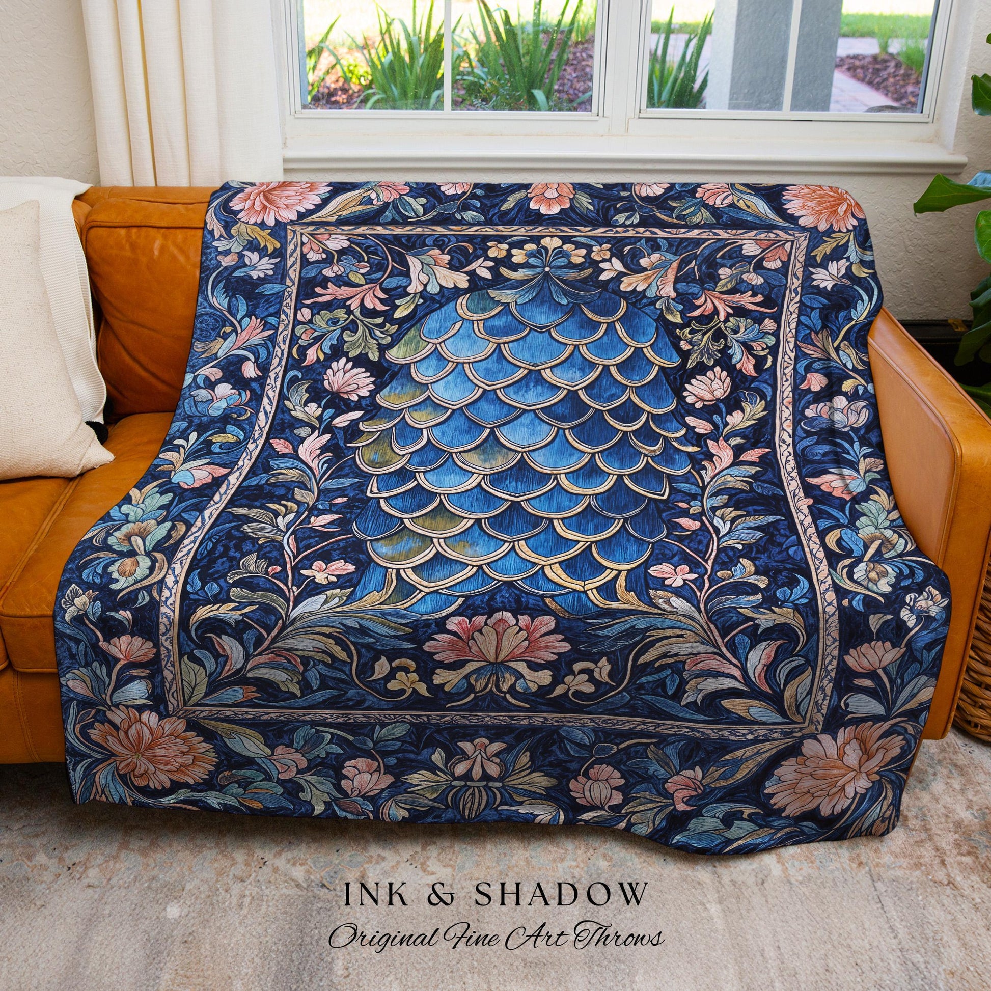 Mystic Academia Dragon Scale Throw Blanket | Whimsigothic Elegance Ornate Baroque Navy Blue Tapestry Woven Fairytale Floral Home Decor Goth
