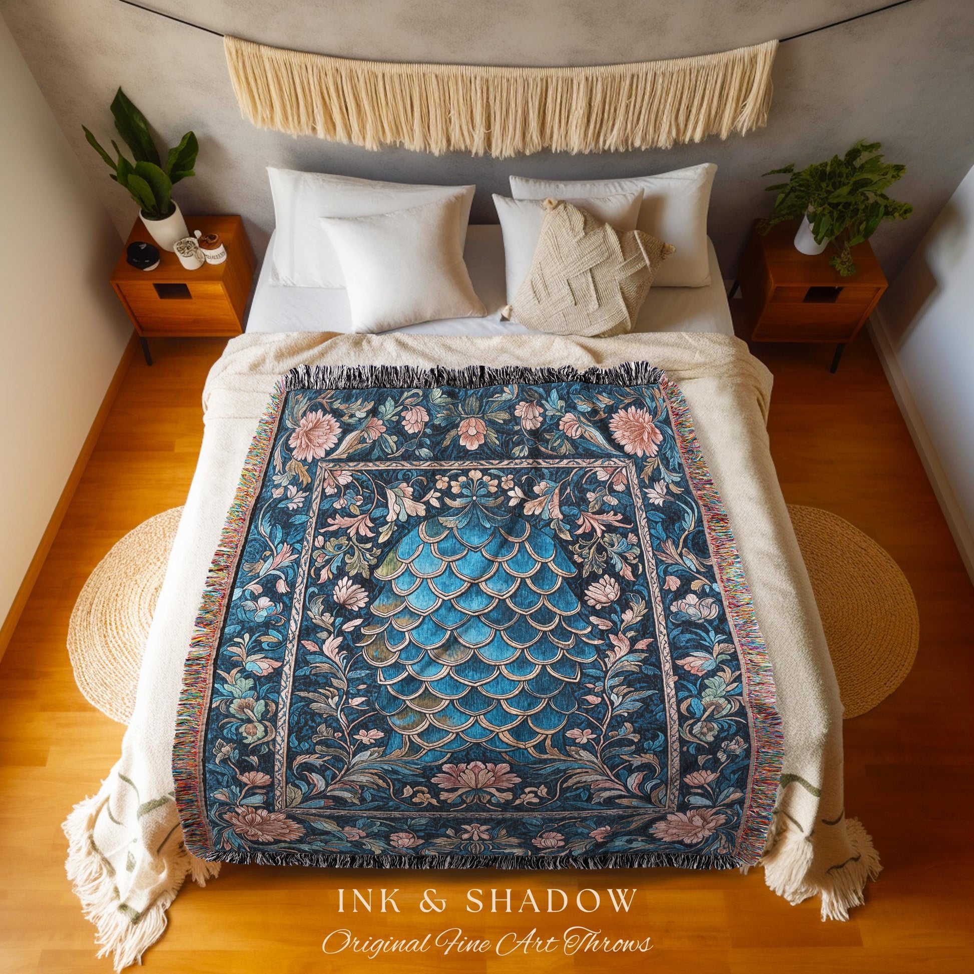 Mystic Academia Dragon Scale Throw Blanket | Whimsigothic Elegance Ornate Baroque Navy Blue Tapestry Woven Fairytale Floral Home Decor Goth