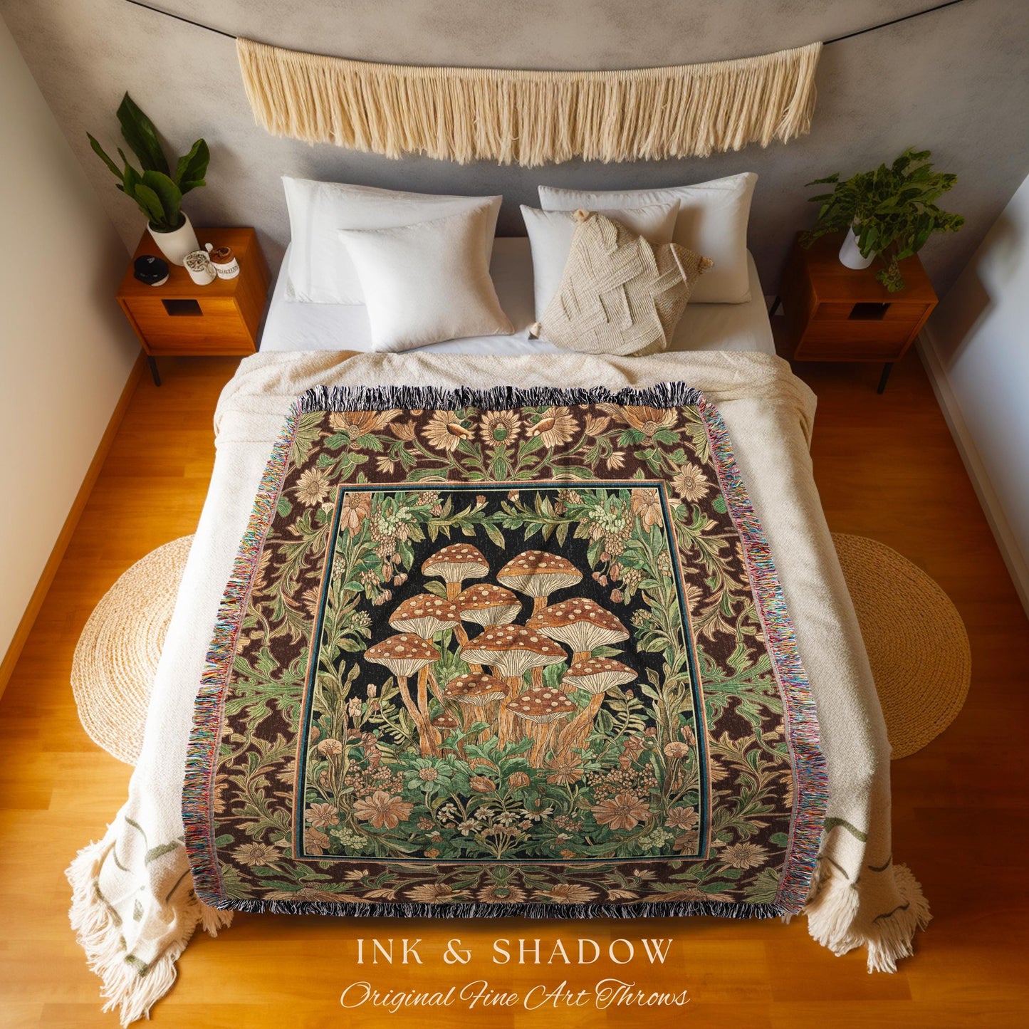 Witchy Mushroom Forest Throw Blanket | Ethereal Fungi Tapestry, Earth Tone Cottagecore Decor